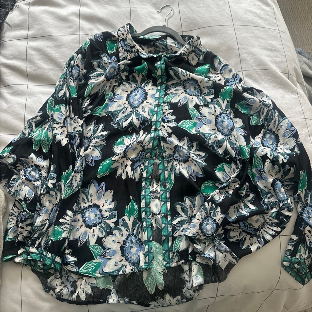 Free People Black and Green Floral Button Down Shirt